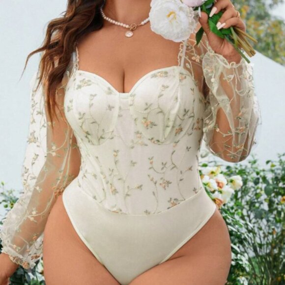 White Floral Embroidery Patchwork Bodysuit Size 12 (0XL) - Picture 1 of 2